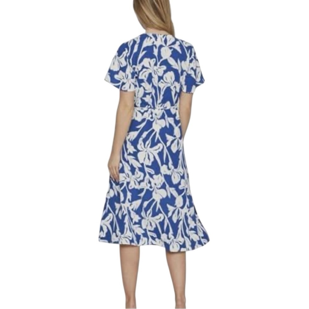Women's (EU 34) XS Blue White Floral Vacation Midi Flowy Tropical Wrap Dress - Picture 5 of 7